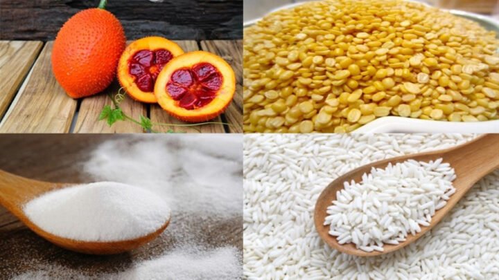 Nguyên liệu chuẩn bị cách nấu xôi gấc đậu xanh