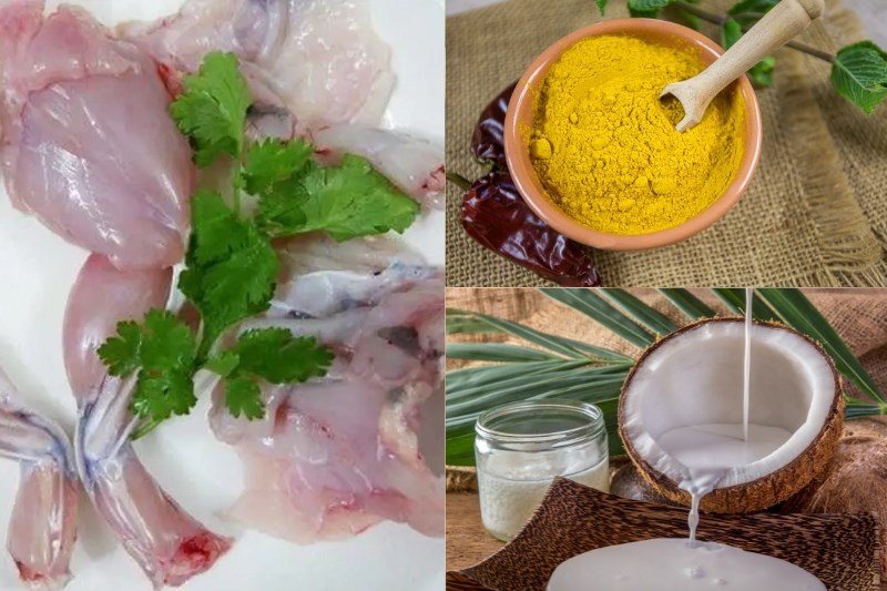 Nguyên liệu chuẩn bị cho cà ri ếch hấp trái dừa