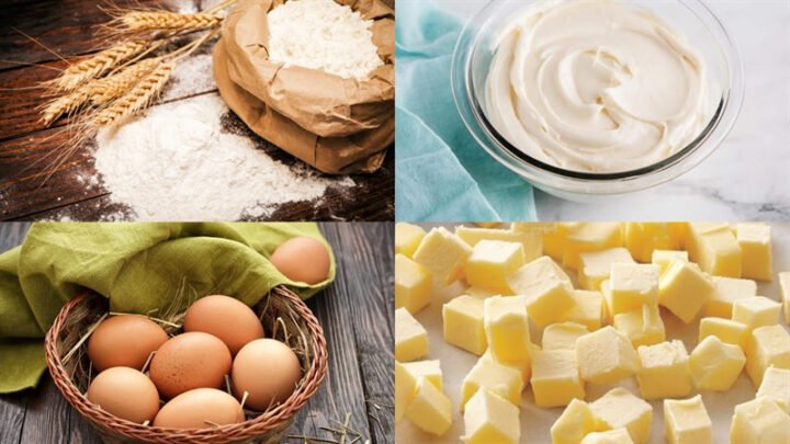 Nguyên liệu chuẩn bị cho cách làm bánh phô mai nướng dứa, bao gồm cream cheese, dứa, trứng