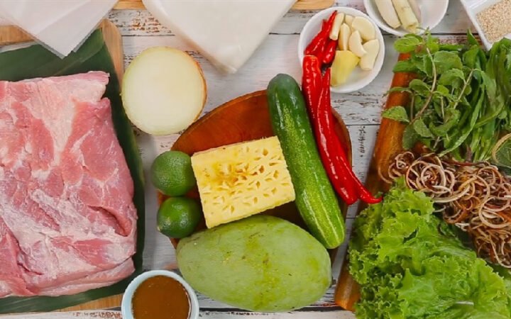 Nguyên liệu chuẩn bị cho cách làm bánh tráng cuốn thịt heo