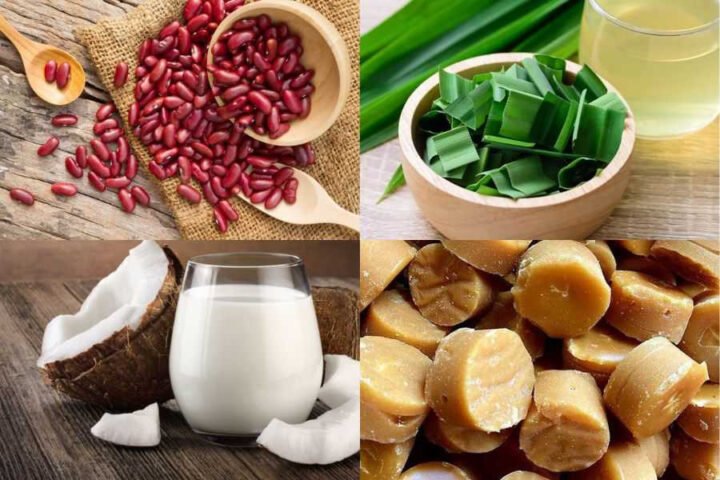 Nguyên liệu chuẩn bị cho cách nấu chè đậu đỏ nước cốt dừa thơm béo.