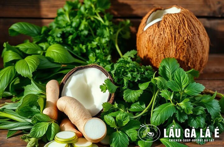 Nguyên liệu chuẩn bị cho cách nấu lẩu gà lá é nước dừa