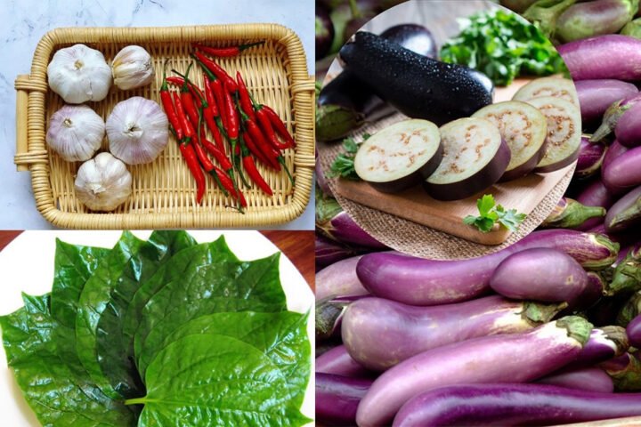 Nguyên liệu chuẩn bị cho cách xào cà tím với lá lốt