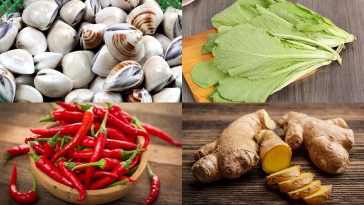 Nguyên liệu chuẩn bị cho món canh ngao rau cải tươi ngon
