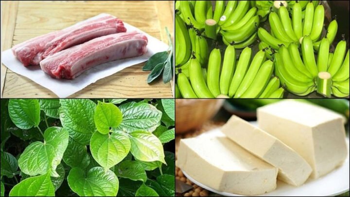 Nguyên liệu chuẩn bị cho món chuối đậu thịt ba chỉ