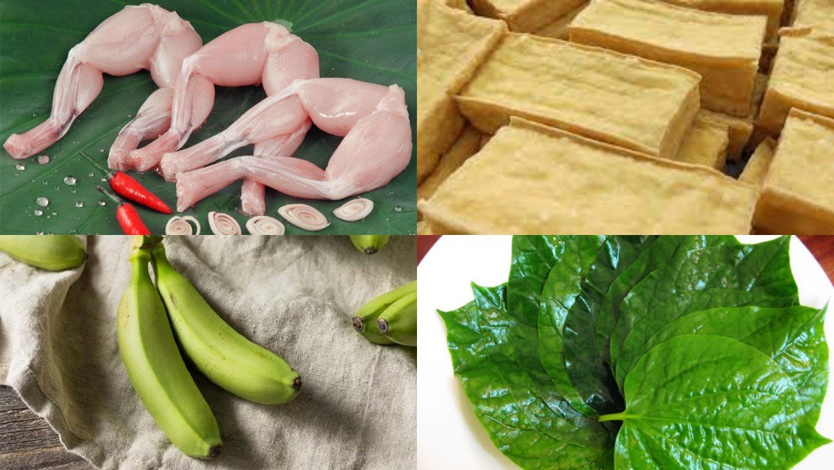 Nguyên liệu chuẩn bị cho món ếch xào chuối xanh