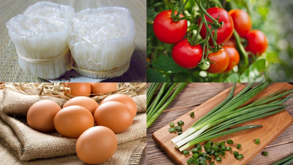 Nguyên liệu chuẩn bị cho món mì gạo cà chua trứng