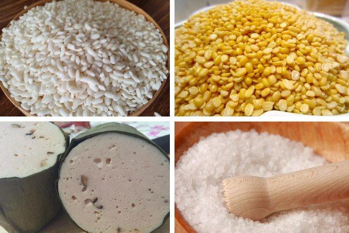 Nguyên liệu chuẩn bị cho món xôi đỗ xanh hấp bằng xửng hấp
