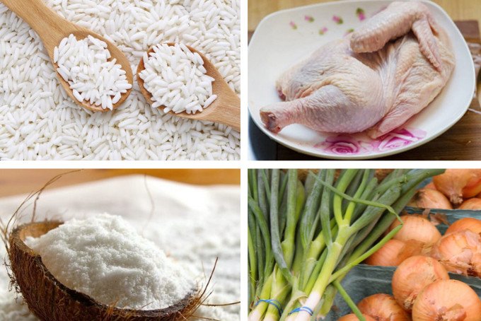 Nguyên liệu chuẩn bị cho món xôi gà hấp bằng xửng hấp nồi cơm điện