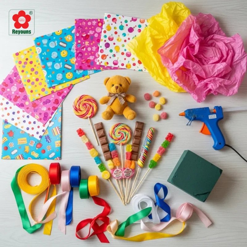 Nguyên liệu chuẩn bị làm giỏ quà bánh kẹo có gấu bông