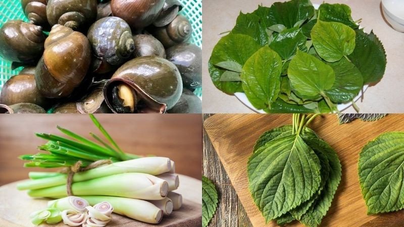Nguyên liệu chuẩn bị làm món ốc bươu xào lá lốt