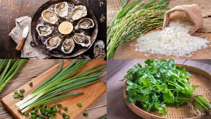 Nguyên liệu chuẩn bị nấu cháo hàu với nấm rơm