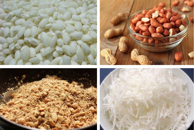 Nguyên liệu cơ bản để làm món xôi lạc: gạo nếp, lạc tươi, dừa sợi và gia vị