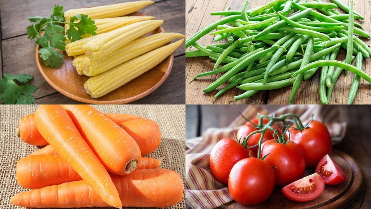 Nguyên liệu đa dạng cho món ngô bao tử xào thập cẩm chay: đậu, cà rốt, cà chua