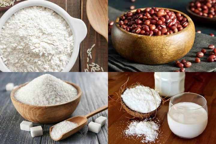 Nguyên liệu đầy đủ để làm bánh mochi nhân đậu đỏ.