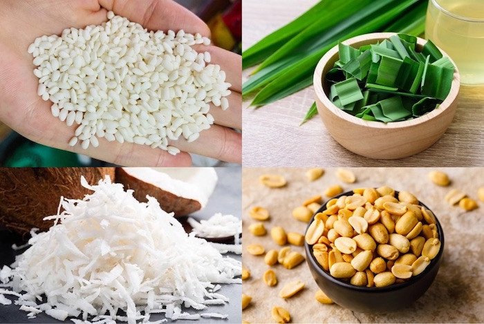 Nguyên liệu đầy đủ để nấu món xôi lá dứa thơm ngon bằng nồi cơm điện
