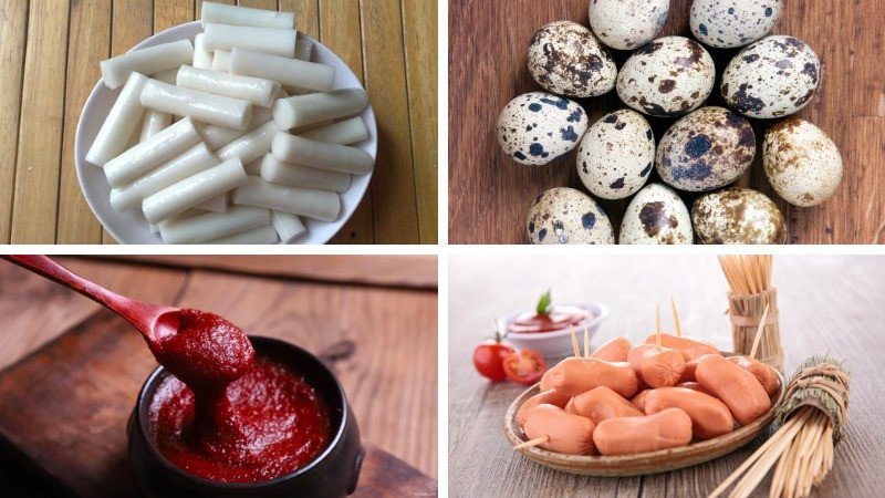 Nguyên liệu đầy đủ để nấu tokbokki xúx xích trứng cút tại nhà