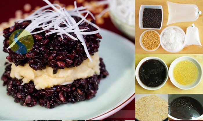 Nguyên liệu đầy đủ để thực hiện cách nấu xôi nếp than đậu xanh nước cốt dừa