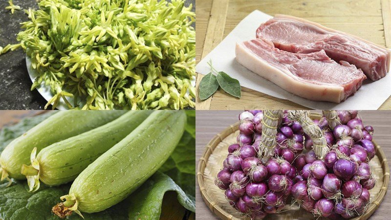 nguyên liệu làm canh hoa thiên lý thịt băm với mướp