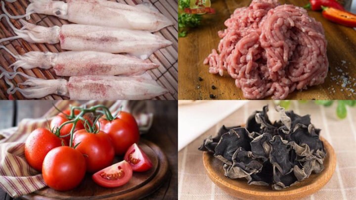 Nguyên liệu làm mực nhồi thịt sốt cà chua