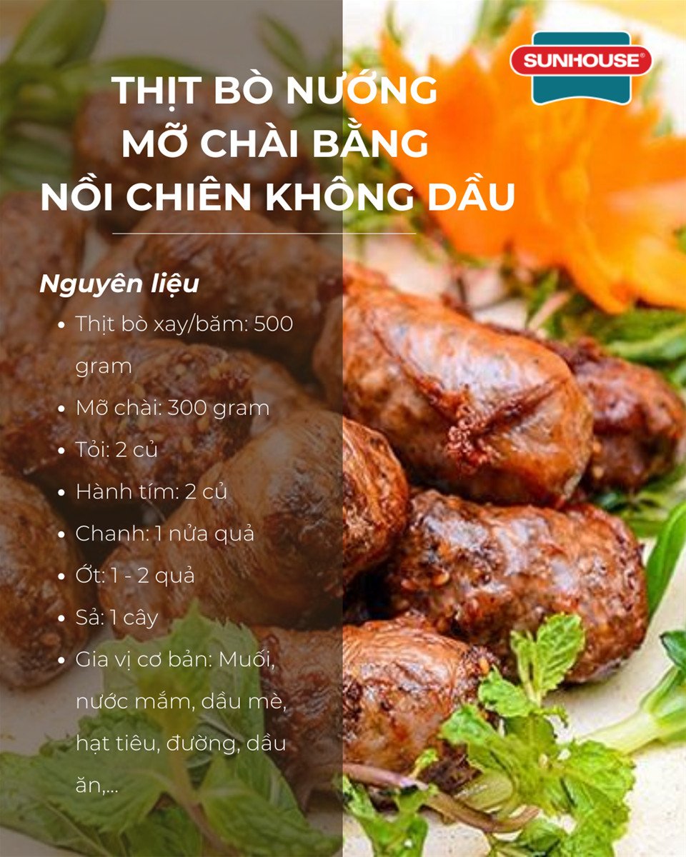 Nguyên liệu làm thịt bò nướng mỡ chài bằng nồi chiên không dầu