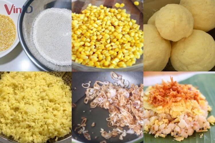 Nguyên liệu làm xôi bắp mặn đậu xanh và hành phi
