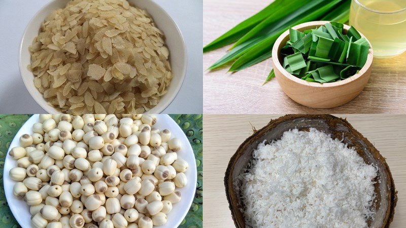 Nguyên liệu tươi chuẩn bị cho món chè cốm hạt sen lá dứa thơm ngon