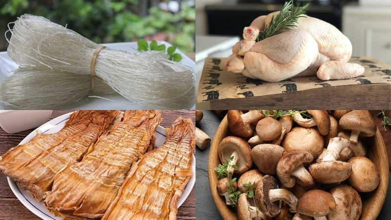 Nguyên liệu tươi ngon chuẩn bị cho cách nấu miến gà đơn giản với măng khô