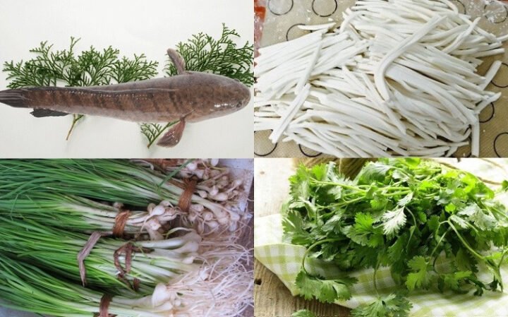 Nguyên liệu tươi ngon chuẩn bị cho món bánh canh cá lóc Quảng Trị