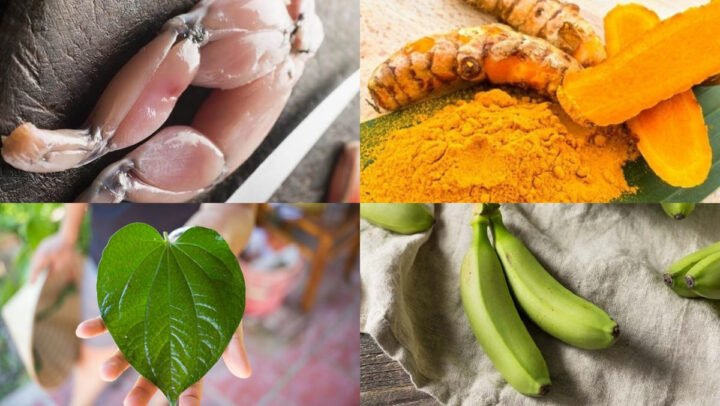 Nguyên liệu tươi ngon chuẩn bị nấu ếch om chuối đậu phụ