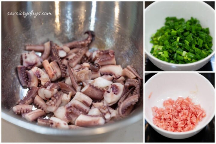 Nguyên liệu tươi ngon để làm bánh bạch tuộc tại nhà