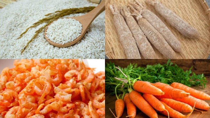 Nguyên liệu tươi ngon làm xôi mặn cải xá bấu, bao gồm nếp, tôm khô, cải xá bấu, trứng cút.