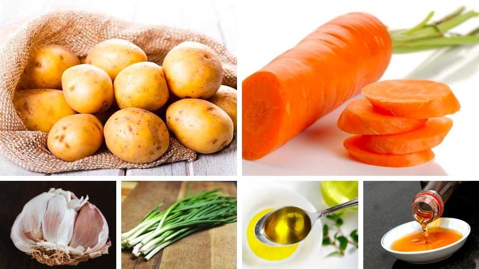 Nguyên liệu tươi sạch cho món khoai tây xào tỏi và cà rốt đầy màu sắc