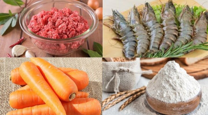 Nguyên liệu tươi sống để làm chả tôm thịt, bao gồm tôm, thịt băm và cà rốt