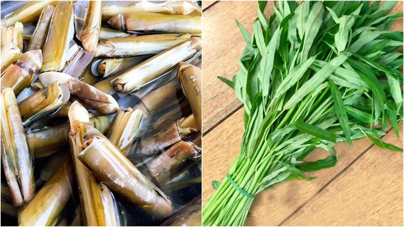 Nguyên liệu tươi sống để xào ốc móng tay với rau muống