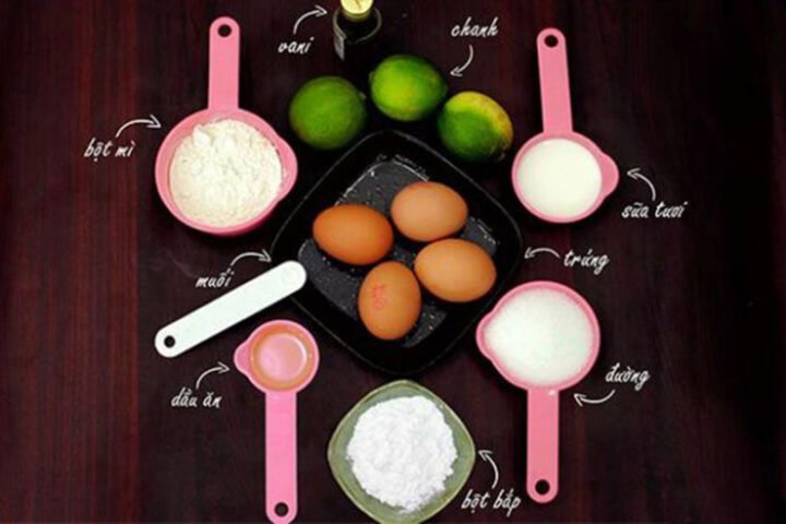 Nguyên liệu và dụng cụ làm bánh bông lan bằng lò vi sóng