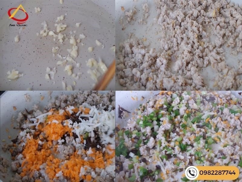 Nhân bánh mì hấp được xào chín với thịt và rau củ