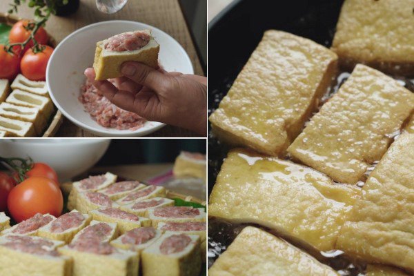 Nhồi thịt vào đậu hũ và chiên vàng đều