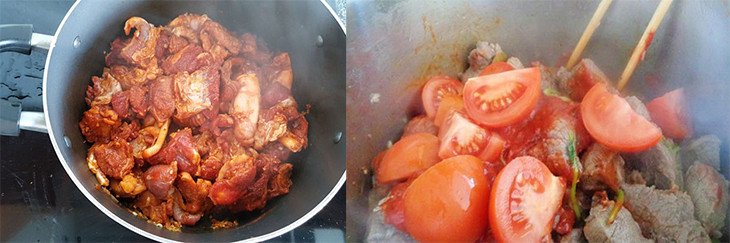 Nồi bò kho nước dừa đang sôi nhẹ, thịt bò và rau củ thấm vị