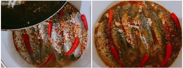 Nồi cá nục đang kho với nước màu và gia vị, chuẩn bị thêm dưa chua.