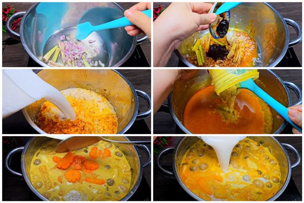 Nồi cà ri chay nước cốt dừa đang sôi, đầy rau củ