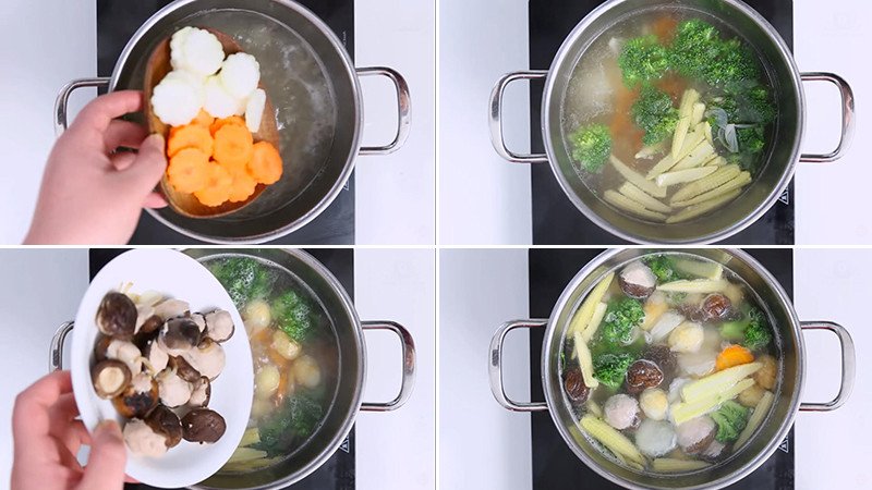 Nồi canh mọc rau củ quả đang sôi, kết hợp hài hòa các loại rau củ