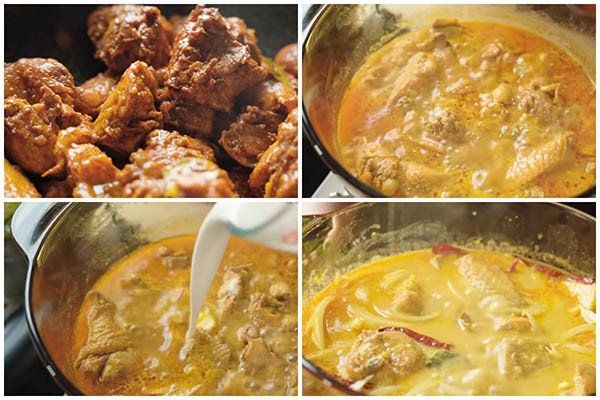 Nồi gà cà ri đang sôi nhẹ với nước cốt dừa và các loại rau củ, tạo nên hương vị béo ngậy