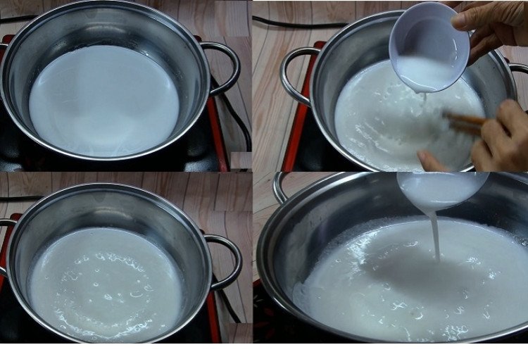 Nồi nước cốt dừa đang sôi nhẹ trên bếp, chuẩn bị thêm bột năng để tạo độ sánh