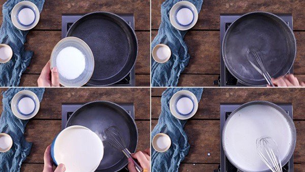 Nồi nước cốt dừa và sữa tươi đang được đun để làm sương sáo cốt dừa