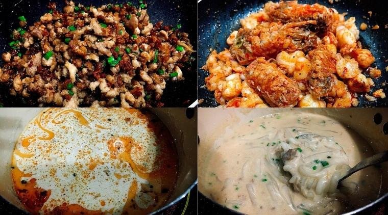 Nồi nước dùng bánh canh bột gạo xắt đang sôi với các nguyên liệu