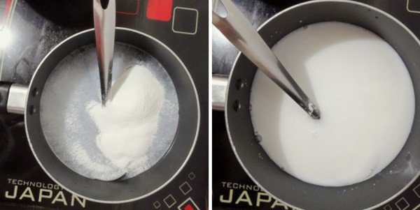 Nồi nước đường và bột béo đang được nấu sôi nhẹ