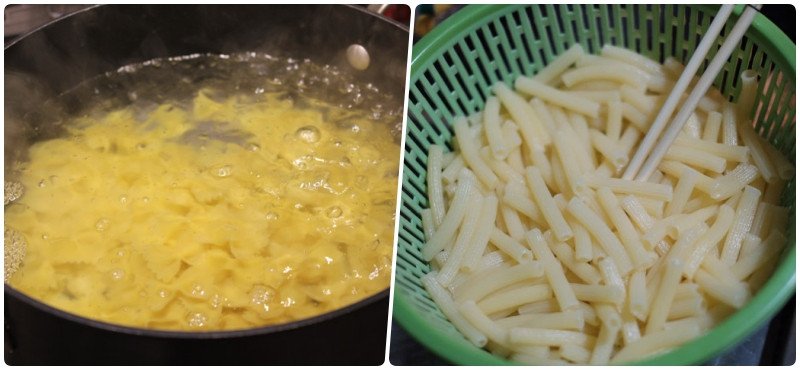 Nui khô đang được luộc trong nồi nước sôi để đạt độ mềm dẻo