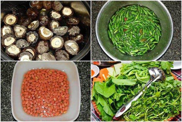 Ớt hiểm, nấm hương, kỷ tử và rau xanh được sơ chế sạch sẽ cho món lẩu gà ớt hiểm