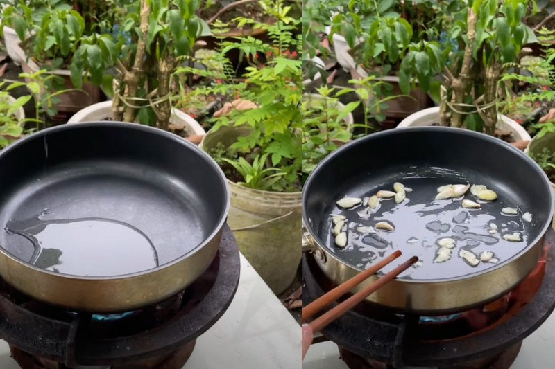 Phi thơm tỏi băm trên chảo nóng cho món rau mì chính
